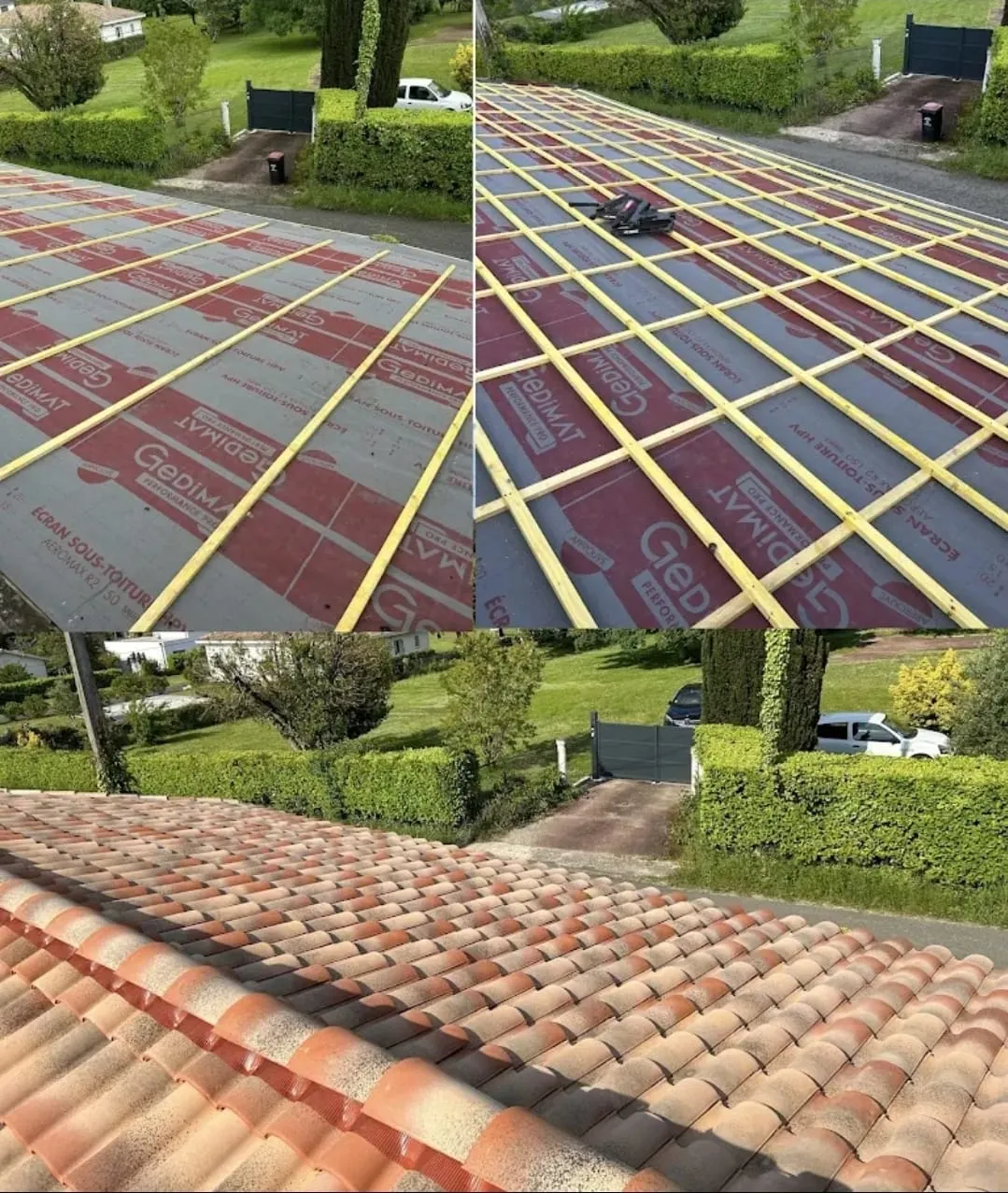 Écran, liteaux puis tuiles : les trois étapes — chantier SMT Toiture en Gironde